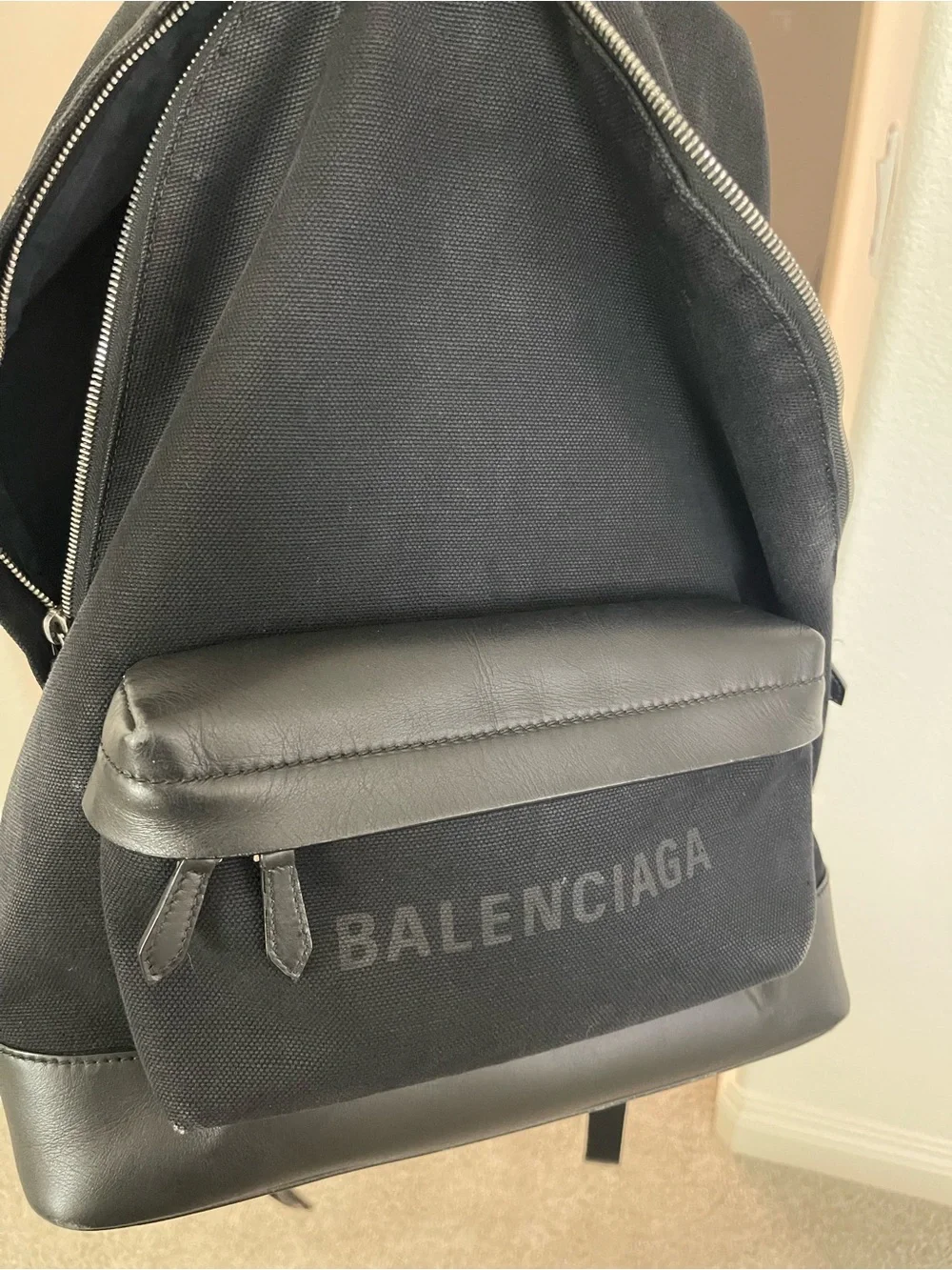 Balenciaga Black Canvas & Leather Logo Front Pocket Backpack/card /dust bag
